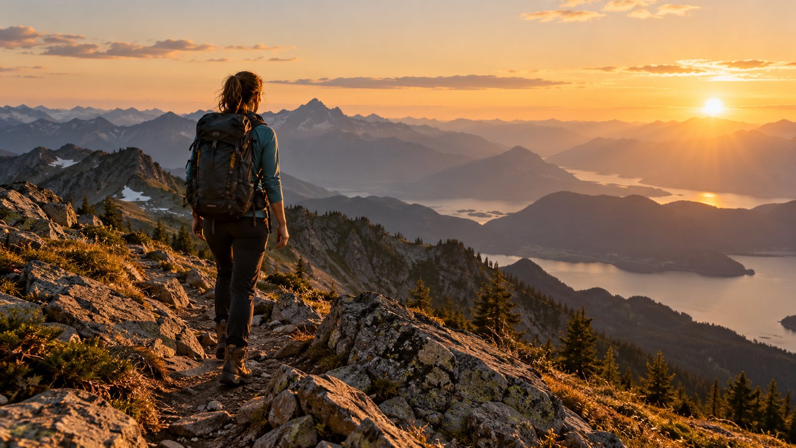 A hiker on an alpine ridge trail (illustrative)